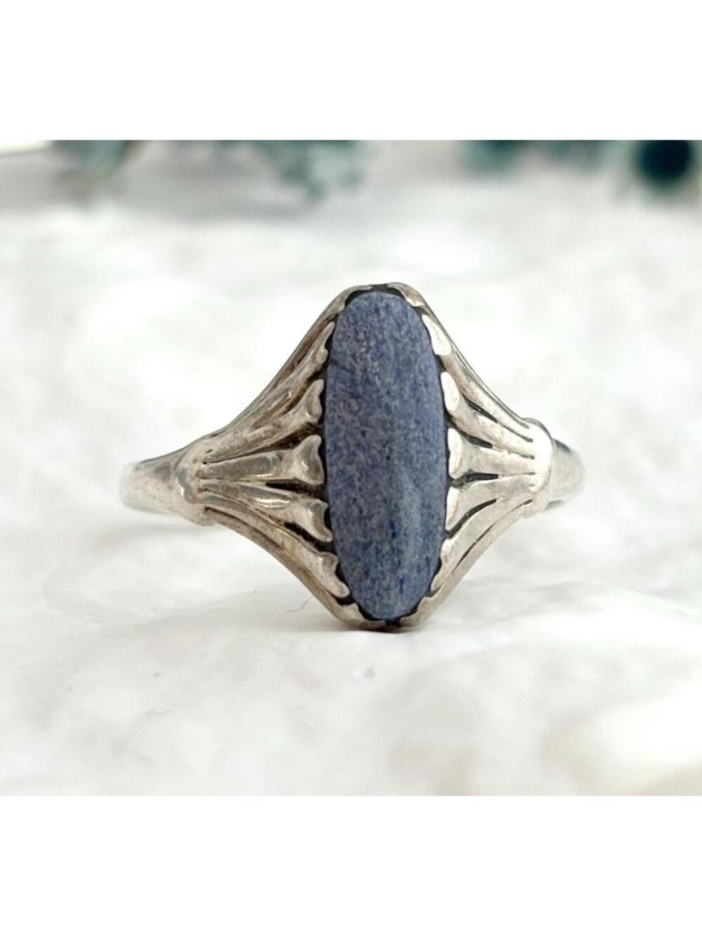 Fluted Frame Lapis Lazuli Oval Solitaire Sterling Silver 925 Vintage Ring - sz 5